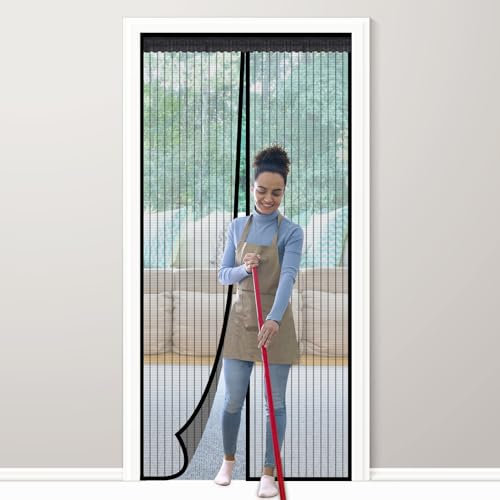PJExim Magnetic Fly Screen Door - Heavy Duty Auto-Closing Mesh Curtain with Magnets, No Drill Door Screen for Flies/Bugs, Fits 90x210cm Patio Doors (Black Stripe)