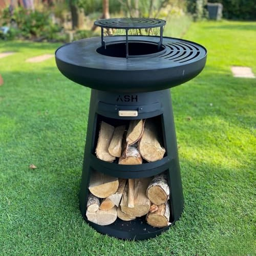 ASH Horizon Plancha BBQ - Cortenstahl - Feuerschale mit Grillring - Außenküche mit Holzaufbewahrung - Ø60cm - Rostfarbe - Holz & Holzkohle
