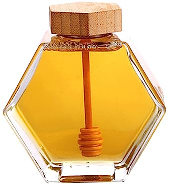SOIMISS Honigtopf aus Glas 380ml mit Holzdeckel und Schöpflöffel | Luftdicht Verschließbar, Transparent, 1 Stück, für Heimische Küche, Inklusive Honigstäbchen