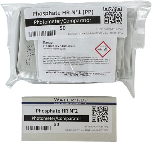 Phosphate HR Reagenzien Nr. 1 und Nr. 2 für PoolLab 2.0 – Reagenzien zur Messung von Phosphat (High Range 0–80 mg/l (ppm)) – Haltbarkeit: 2 Jahre – 50 Tests (50 Pulverkissen + 50 Tabletten)