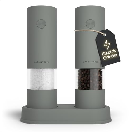 LARS NYSØM Electric Salt and Pepper Grinder Set I Automatic Salt and Pepper Mills with Adjustable Ceramic Grinder I AAA-Battery Operated Electric Spice Mill Set (Ash Gray)