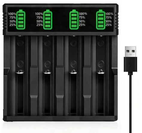 18650 Akku Ladegerät, 4 Schacht LCD-Anzeige Smart Schnell Aufladen USB Batterieladegerät, 3,7V Lithium Akkuladegerät für 10440 14500 16340 18350 18500 18700 20700 21700 26650 Li-ion IMR INR ICR Akkus