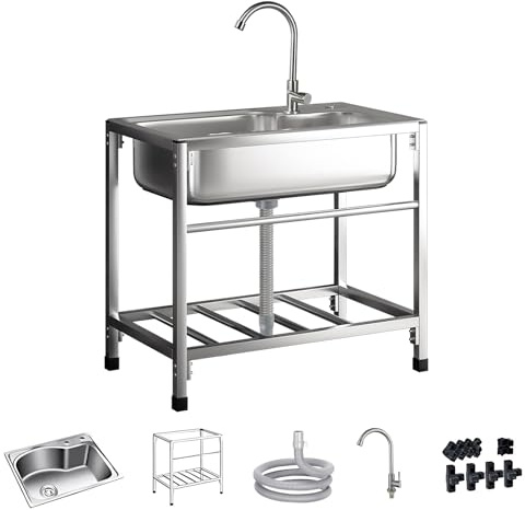 Lavello da Esterno in Acciaio Inox, Lavandino con Rubinetto Lavandino Commerciale Lavelli Autoportante Lavello di Utilità Lavabo Cucina Lavamani Industriale Per Giardino 68 * 44cm