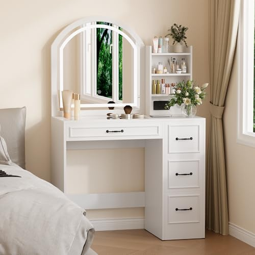 GENGKHAN Dressing Table，Vanity Desk with Mirror and Lights, Modern Makeup Desk with 4 Drawers, Transparent Glass Tabletop, Shelves and Power Outlet for Bedroom Living Room