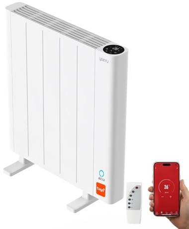 YOEVU | Radiador electrico bajo consumo 900W | Compatible con Alexa | Control app WiFi y mando, pantalla digital, programación 24/7, modo ECO y Confort | Calor eficiente, Blanco