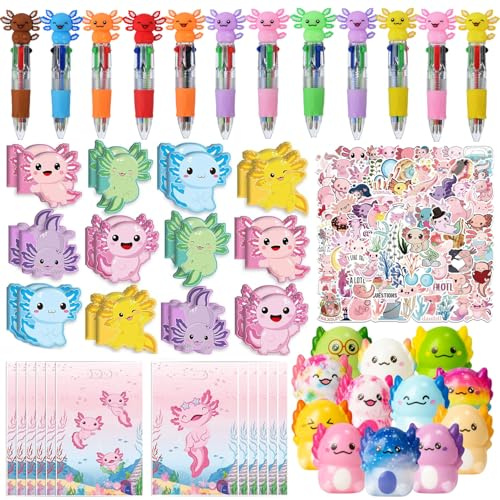 Augweyang Axolotl brevpapper festgåvor set kulspetspenna anteckningsböcker klistermärken och presentpåsar för 12 gäster goodie-väska pinata-fyllningar fyllning födelsedagsfest dekorationer tillbehör