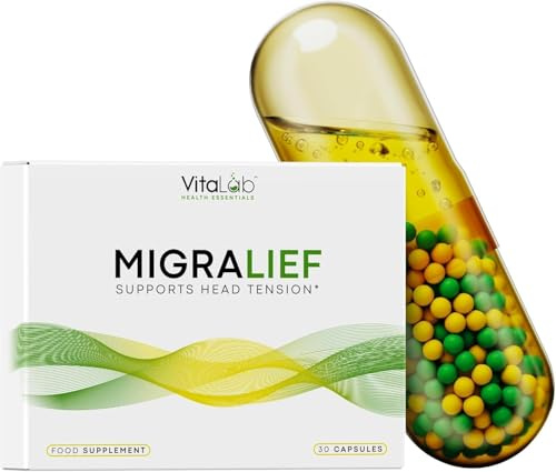 VitaLab Migralief Migraine & Head Tension Relief | Levagen®+, CoQ10, Vitamins B3 B6 B12 & Linseed Oil with Damask Rose Oil | Neuro Anti-Inflammatory Supplement | 30 Capsules