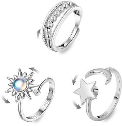 KNUIUYY Anneaux de décompression, 3 Pcs Bague Anti Stress Femme Argent, Anneaux anti-stress ajustables Rotative, bagues étoile-lune-soleil tournantes perles de relaxation cadeaux pour femmes et hommes