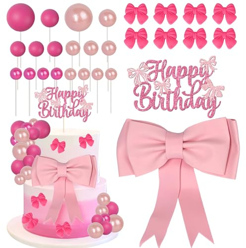 SYKYCTCY 32 Pack Oversized Bow Pink Bow Cake Topper Glitter Coquette Happy Birthday Foam Ball Cake Pick EVA Foam Bowknot Decorations for Girls Women Birthday Theme Baby Shower Kids Party Supplies