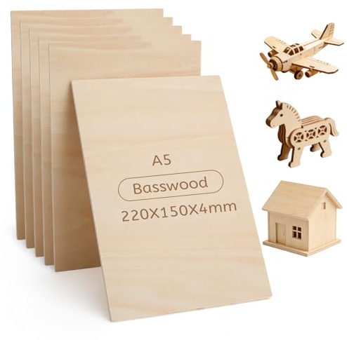 Legno Per Pirografia Compensato Pannelli Di Legno Pannello Compensato Pannelli In Legno Compensato - A5 Compensato Tiglio 4mm x6, Doppia Faccia Liscia - Per Incisione Laser Modellismo Fai Da Te