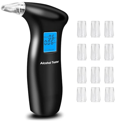 YRHWS Alkoholtester, Promillemessgerät Polizeigenau Alkoholmessgeräte mit 12 Mundstücken, Professioneller Alkohol Tester mit Digitaler LCD Bildschirm