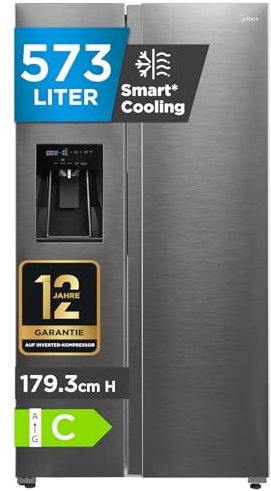 Midea Side-by-Side Kühl-Gefrierkombination Eiswürfelspender 573 L | No Frost, 3in1 Wasser- & Eisdispenser | Inverter Kompressor, 38 dB, 208 kWh/Jahr, SuperCool & Freeze | Bru-Stahl, MDRS761MYC46