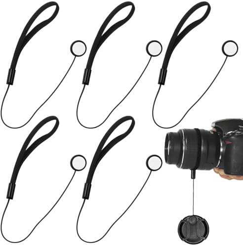 Lea - 5 fascette per copriobiettivo per fotocamera, cordino universale per copriobiettivo e custodia/supporto elastico compatibile con obiettivi DSLR, cinturino di sicurezza per copriobiettivi