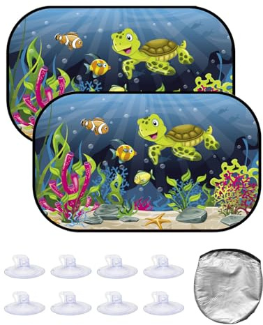 CULEB 2Pcs Parasol Coche Bebe, Parabrisas para coche de bebé, accesorios coche interior, 8 ventosas, bolsa de almacenamiento, 51 x 31 cm, universal, protección solar y UV(Diseño de tortuga)