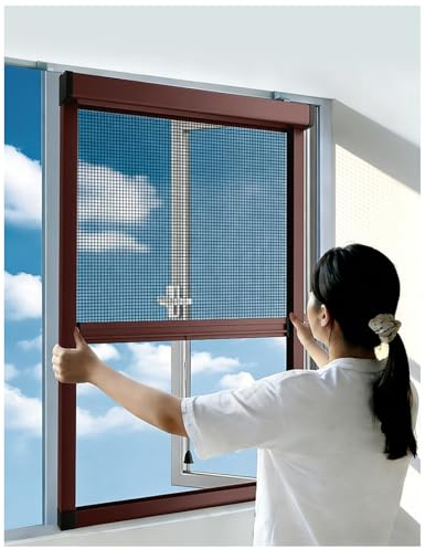 Mosquiteras para Ventanas Enrollables, Medida Mosquitera Ventana Enrollable Desmontable y Oculta, Corredera Vertical Mosquito Net con Marco de Aleación de Aluminio y Malla Nanométrica de PPT(Marrón)