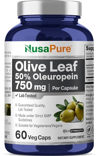 NusaPure Olive Leaf Extract 750 mg - 50% Oleuropein - Vegan and Vegetarian Non-GMO - Super Strength - No Oil - 60 Capsules