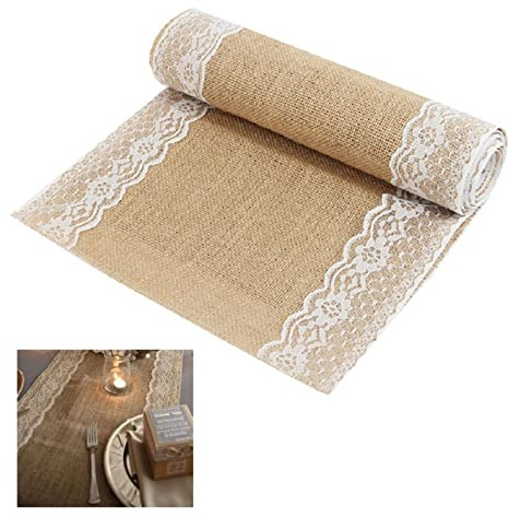 BIT.FLY Jute Tischläufer mit Spitze - 30 x 275cm Tischläufer Hochzeit Dekoration Tischband aus Natur Leinen für Hochzeiten Abendessen Feiern Tischdekorationen