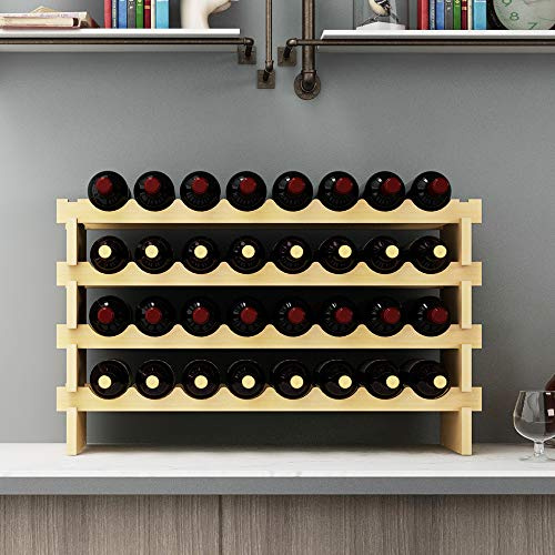 SogesHome Casier à Vin Empilable Étagère à Vin Porte-Bouteilles à 4 Niveaux pour 32 Bouteilles, Étagère de Rangement de Vin en Pin