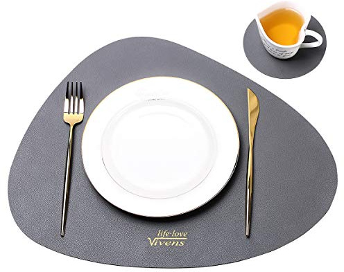 VIVENS Tischset, 43 x 34 cm, Tischsets und Untersetzer aus PU-Leder, 2 Stück, rutschfest, strapazierfähig, Bunte Tischmatte, waschbar, wasserdicht (Grau)