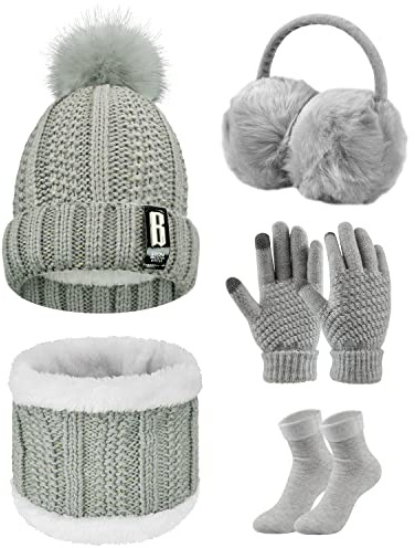 UMIPUBO 5pcs Tricotés Ensemble d'hiver Bonnet Chaude Doublure en Polaire Écharpe Femme Chapeau Pompon Des gants Cache-Oreilles Chaussettes (Gris-A)