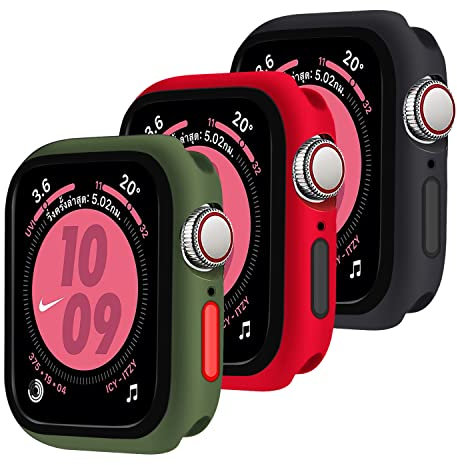 Qianyou 3 Stück Hülle für Apple Watch 44mm Series SE/6/5/4, Silikon Gehäuse Bumper mit Abnehmbare Knöpfe Ultra Dünn TPU Schutzhülle Anti-Scratch Case Cover für iWatch 44mm (Grün-Rot-Schwarz)