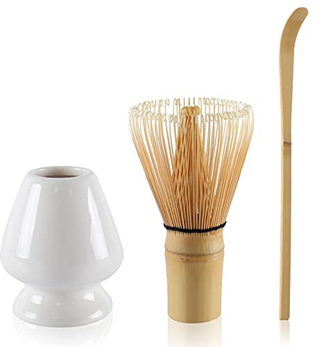 Matcha Tea Set Bamboo Matcha Whisk, Ceramic Whisk Holder, Tea Scoop, Japanese Matcha Tea Tool Kit Set of 3 White