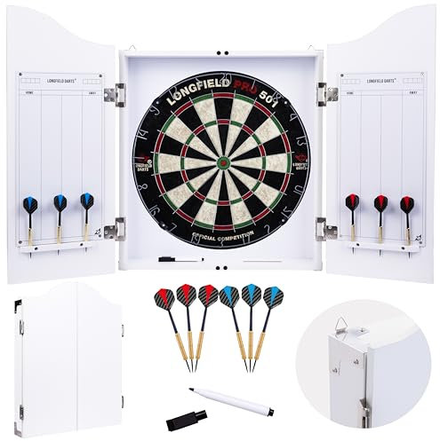 Engelhart Holz Dartschrank, sisal Dartscheibe, inbegriffen 6 Darts 18gr und Zubehör (weiß)