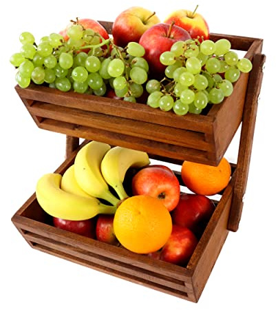 B4K Obstkorb aus Buchenholz | Größe 24x32x29 cm | Früchtekorb | Servierkorb | Verkaufsständer | Obst Etagere 2 Etagen | in 3 verschiedenen Farben erhältlich | Perfekt für Obst und Gemüse (Dunkel)