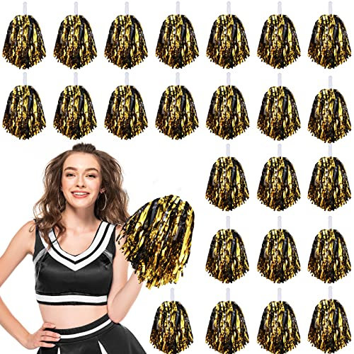 Pompons, Cheerleader, Spirited Cheer, Taktstock, Metallfolie, für Sport, Team, Party, Tanz, Cheerleader, 24 Stück (Schwarz, Gold)