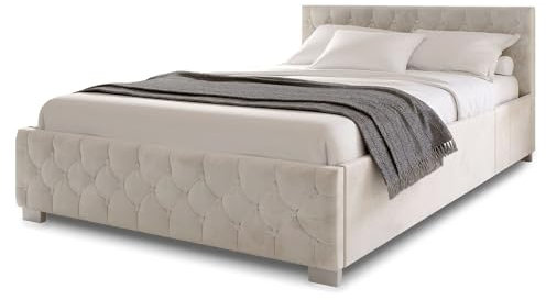 Juskys Polsterbett Nizza 120x200 cm Samt mit Stauraum, LED Beleuchtung & Lattenrost - Chesterfield Steppung & Kopfteil - Bett Bettgestell - Beige