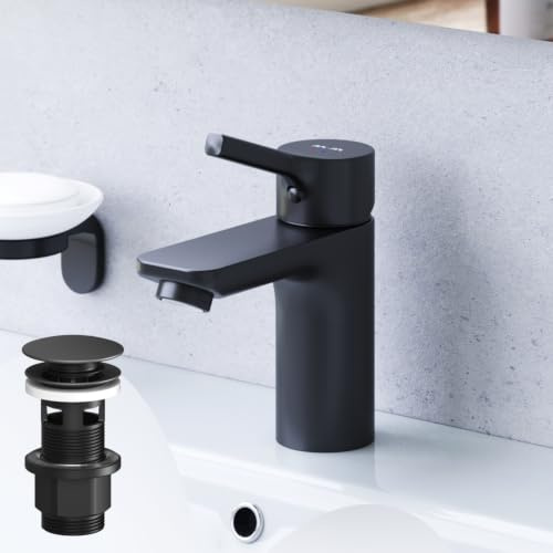 Waschtischarmatur Schwarz Matt mit Klick-Ablaufgarnitur, Einhebel-Waschtischmischer Kurzer Auslauf, Mischbatterie Pop-Up Ventil, Einhebelmischer mit Ablaufgarnitur Waschbecken AM.PM X-Joy S FXB82122