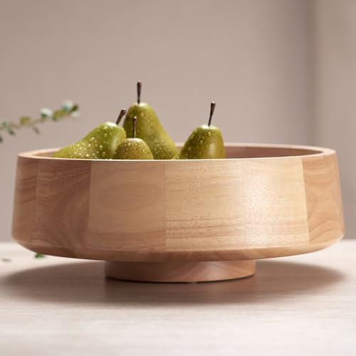 IVE Design Frutero de madera natural XL para encimera de cocina, cuenco grande de madera de 14.2 pulgadas de diámetro, cuenco decorativo para frutas para cocina