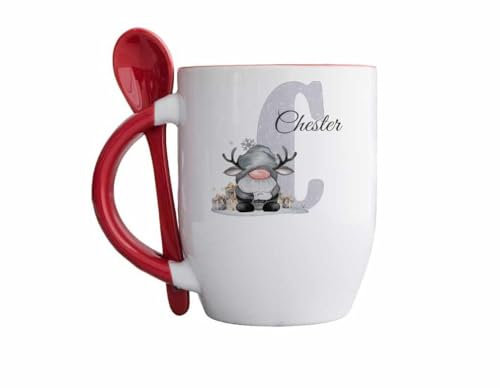 Personalised Red Handle Grey Reindeer Gnome/Gonk Initial Mug with spoon, Christmas Alphabet with Antlers and gifts hot chocolate, Cute Xmas mug
