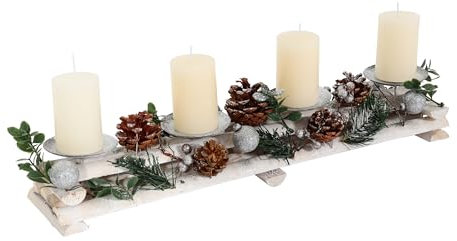 Adventsgesteck HWC-M12 mit Kerzenhaltern, Adventskranz Weihnachtsdeko Holz Silber weiß 18x49x13cm FSC® - mit Kerzen