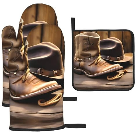 Lot de 3 gants de cuisine et maniques résistants à la chaleur - Chapeau et bottes de cowboy