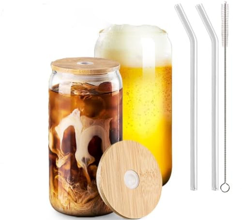 MEETOZ 2 Set 500ml Finew Glass Cups with Bamboo Lids and Glass Straws,Reusable Can Shaped Glass Cups Set,for Smoothies, Beer, Cola, Juice, Soda