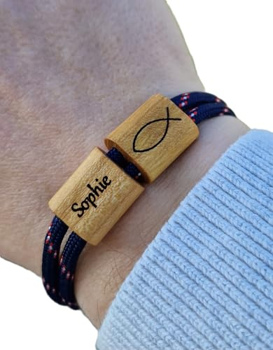 Gravur Holz Armband, Kommunion, Konfirmation, Firmung, Surfer Armband, personalisiertes Armband, Holz, Fisch, Armband graviert, Namen
