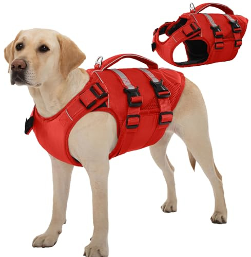 Kuoser Schwimmweste Hund groß, Hundeschwimmweste mit Griff, Rot XL | Rettungswesten für Hunde mit Reflektierend, Verstellbare Hunde Schwimmweste für große Hunde mit Verbesserter Auftrieb