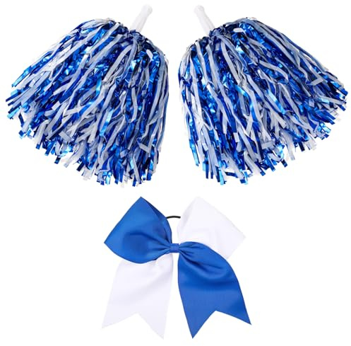 Hanaive 3 Pcs Cheer Pom Poms with Hair Bow Foil, Blue and White, Metallic