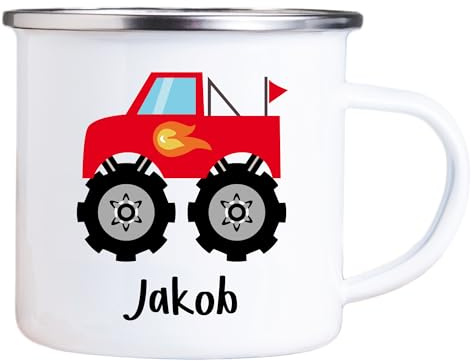4youDesign Emaille Tasse Kinder personalisiert – Monstertruck – Truck Namenstasse – Geschenk für Jungen & Mädchen – Bruchsicher & Leicht – Geschenkidee zur Einschulung & Geburtstag - 300ml