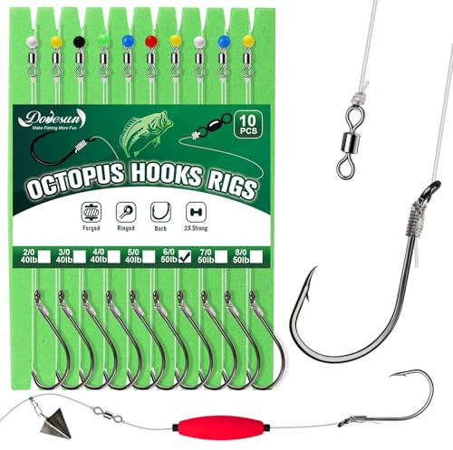 Dovesun 10 Stück Oktopus-Haken Rigs Angelhaken mit Vorfach Angelhaken Set Hakenlöser Angeln Wels-Rig für Salzwasser Süßwasser Forellenhaken 6/0