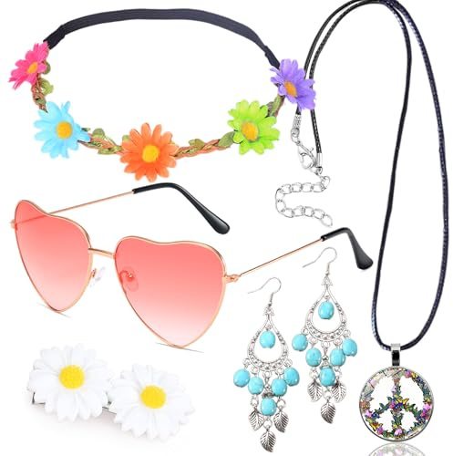 Edmirfun Hippie Kostüm Set,Hippie Accessoires,70er Jahre Outfit Damen,Sonnenbrille Friedenszeichen Halskette Blumen Stirnband böhmen Stil Ohrringe,Hippie Kleidung Damen,60 er 70er Jahre Bekleidung