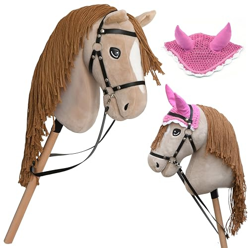 Hobby Horse Perlino Completo con Red, Mors, rienda y Gorro. Cabeza de caballo palo para Hobby Horsing Niños y Adolescentes
