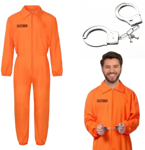 CEWROM Sträfling Kostüm für Damen oder Herren, Classic Orange Prisoner Overall, Gefangener Kostüm Set mit Handschellen, Geflüchteter Gefangener Kostüm Overall Gefangenenkostüm für Karneval, Mottoparty