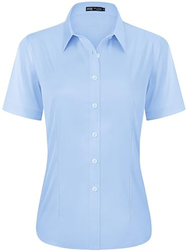 J.VER Womens Short Sleeve Shirts Blue Summer Fitted Stretch Business Casual Button Down Shirt Formal Dress Work Ladies Tops Blouses S