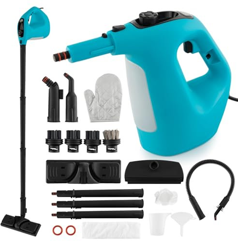 RELAX4LIFE Nettoyeur à Vapeur Portatif 1400W|400ml Réservoir d'Eau|2 Bar|14 Accessoires, Nettoyeur Pressurisé avec Verrouillage, Temps de Nettoyage Illimité pour Canapé Tapis Vitre Verre (Bleu)