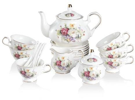 Sweejar Porcelain Tea Set Vintage Floral, British Relief Gold Rim Teapot Cup and Saucer Sets, 22-Piece Tea Sets for Adults, with Teapot, Sugar Bowl, Milk Jug, Spoons, Cup and Saucer (Flower Style)