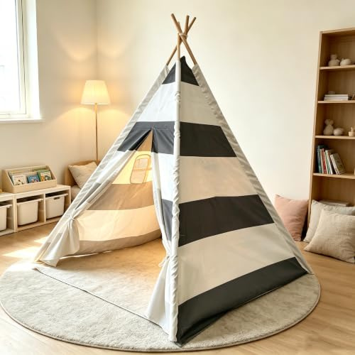 Benebomo Tipi Kinderzelt mit Fenster | 140 cm Höhe Grau-Weiß Gestreiftes Spielzelt für Drinnen | Teepee für Kinderzimmer, Wohnzimmer | Atmungsaktives Baumwollzelt mit Tragetasche