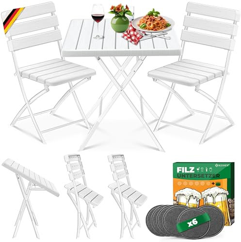 KESSER juego de muebles de balcón de 3 piezas con 2 sillas, resistente a la intemperie y a los rayos UV, asientos plegables, acero revestido y aspecto de madera