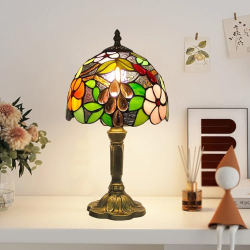 Lampada da tavolo in stile E27 Lampada da tavolo in stile barocco con paralume in vetro colorato e corpo lampada in resina, lampada da comodino a LED (forma-A)